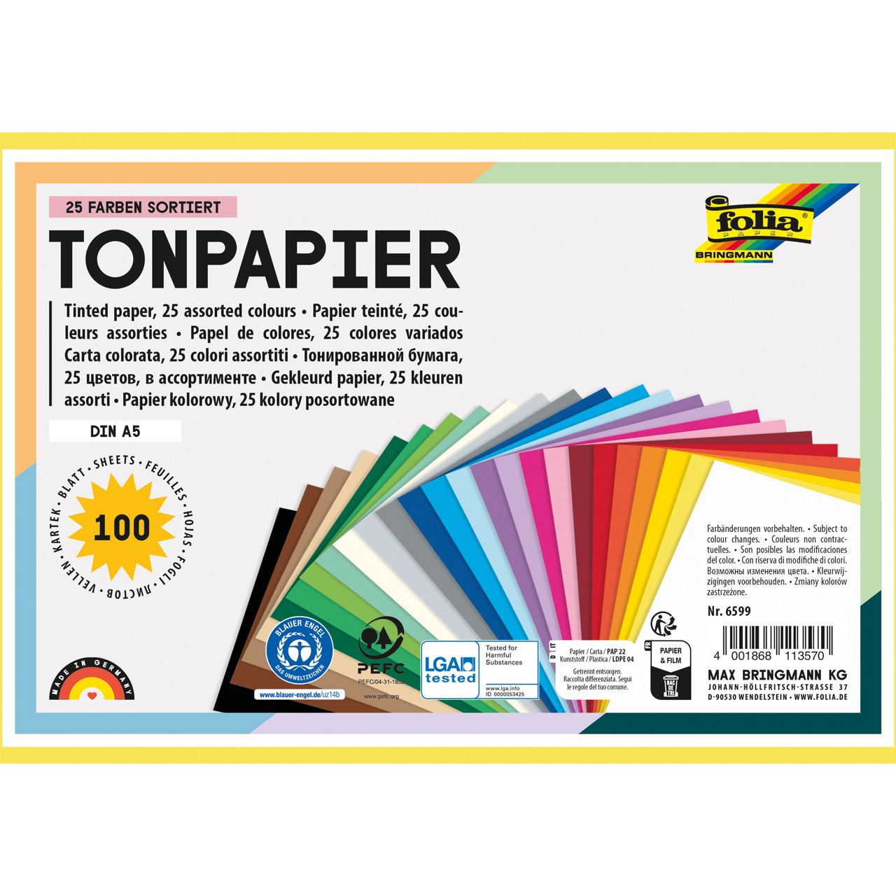 folia Tonpapier farbsortiert 130 g/qm 100 Blatt 6599