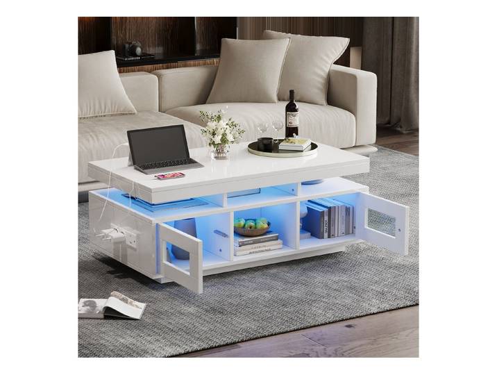 HAUSS SPOLE Couchtisch Hochglanz-Sofatisch mit LED-Leuchten, Ladeanschluss und steckdose (Satztisch, Wohnzimmertisch, Beistelltisch, 1-St., mit Ladeanschluss und steckdose), mit per mobiler App steuerbaren LED-Leuchten