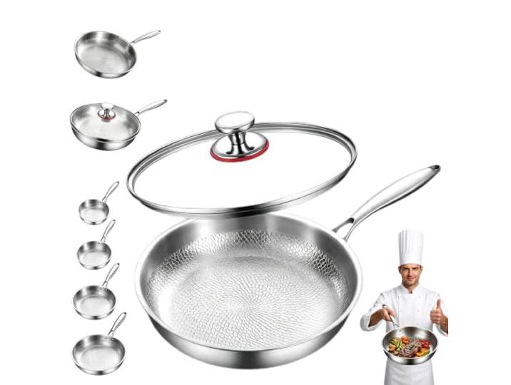 YBOEG Okura Titan Pfanne, Unbeschichtete Titan Pfanne Mit Deckel, Ofenfeste Fanne für Gas & Elektroherd Kratzfest & Antihaft, Antihaft-Pfanne mit Deckel (Mit Deckel,32cm)