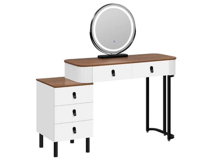 ELVORIN Coiffeuse avec miroir LED rond 100 x 40 x 126 cm 5 tiroirs 3 températures blanc et marron