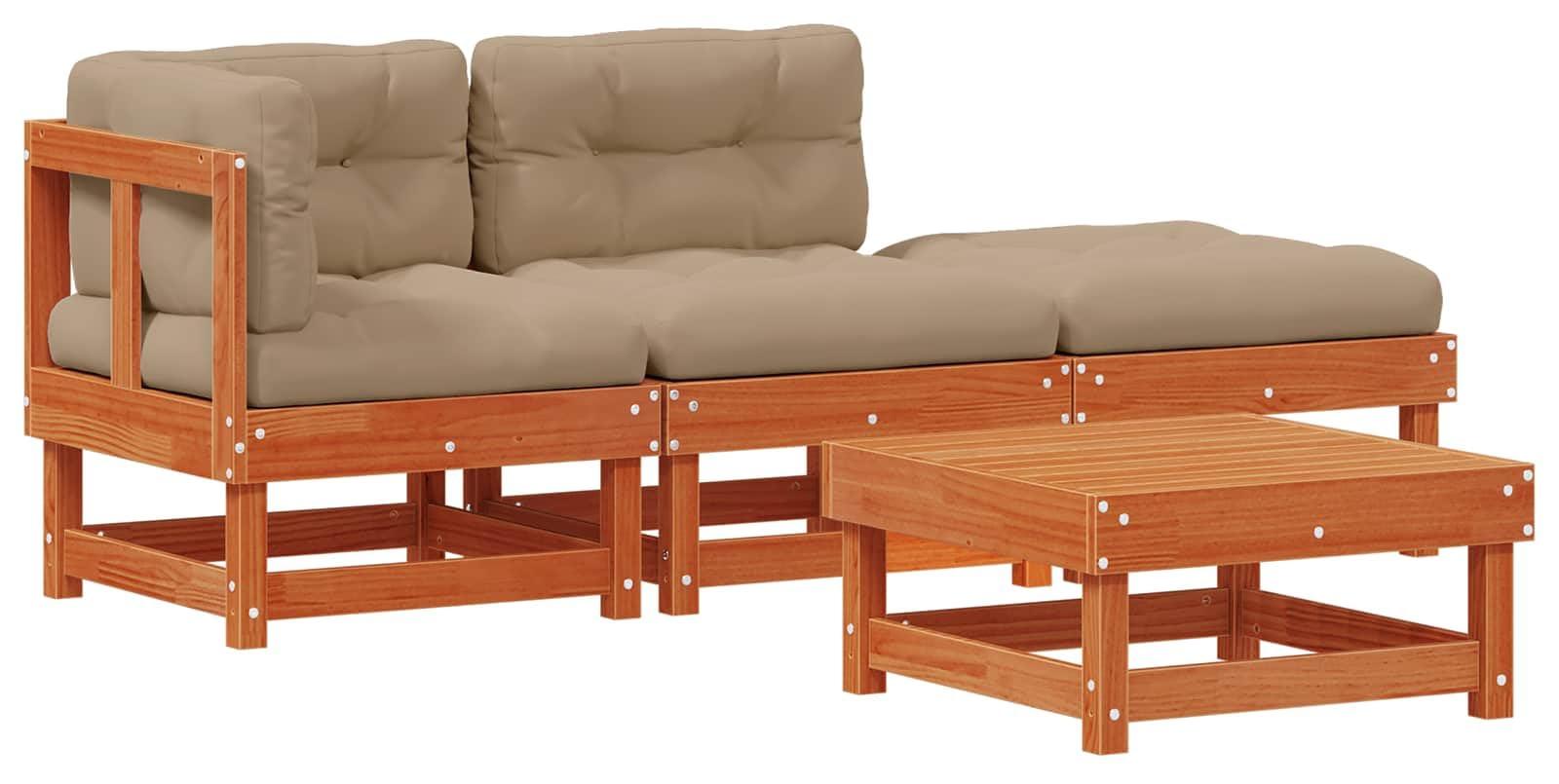 Modulares Lounge-Set, braun, aus massivem Kiefernholz - 4 Sitzplätze - Gartenmöbel - Eckbank - Gartenmöbel - Mit Kissen