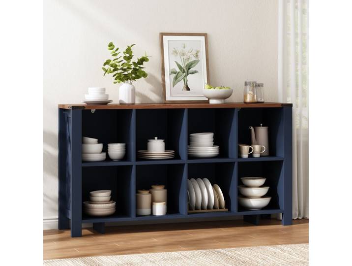Buffet Cuisine 140x34x75 cm avec 8 Compartiments Étagère de Rangement Horizontale pour Cuisine et Salon Bleu