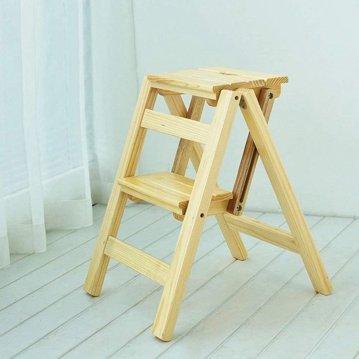 Houten vouwladder en klapstoel kruk voor binnen met verstevigd ontwerp tot 150 kg in natuurlijk hout
