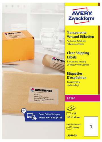 Avery-Zweckform L7567-25 Adress-Etiketten 210 x 297mm Polyester-Folie Transparent 25 St. Permanent haftend Laserdrucker