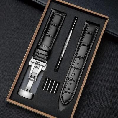 Uplifted Finds Genuine Leather Watch Band With Wooden Box And Butterfly Clasp 22 Mm black