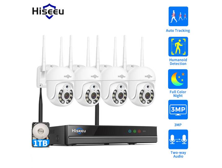 Kit de caméra de surveillance WiFi Hiseeu 3/5MP avec suivi de mouvement, vision nocturne couleur, NVR 10 canaux, ensemble de caméras CCTV sans fil