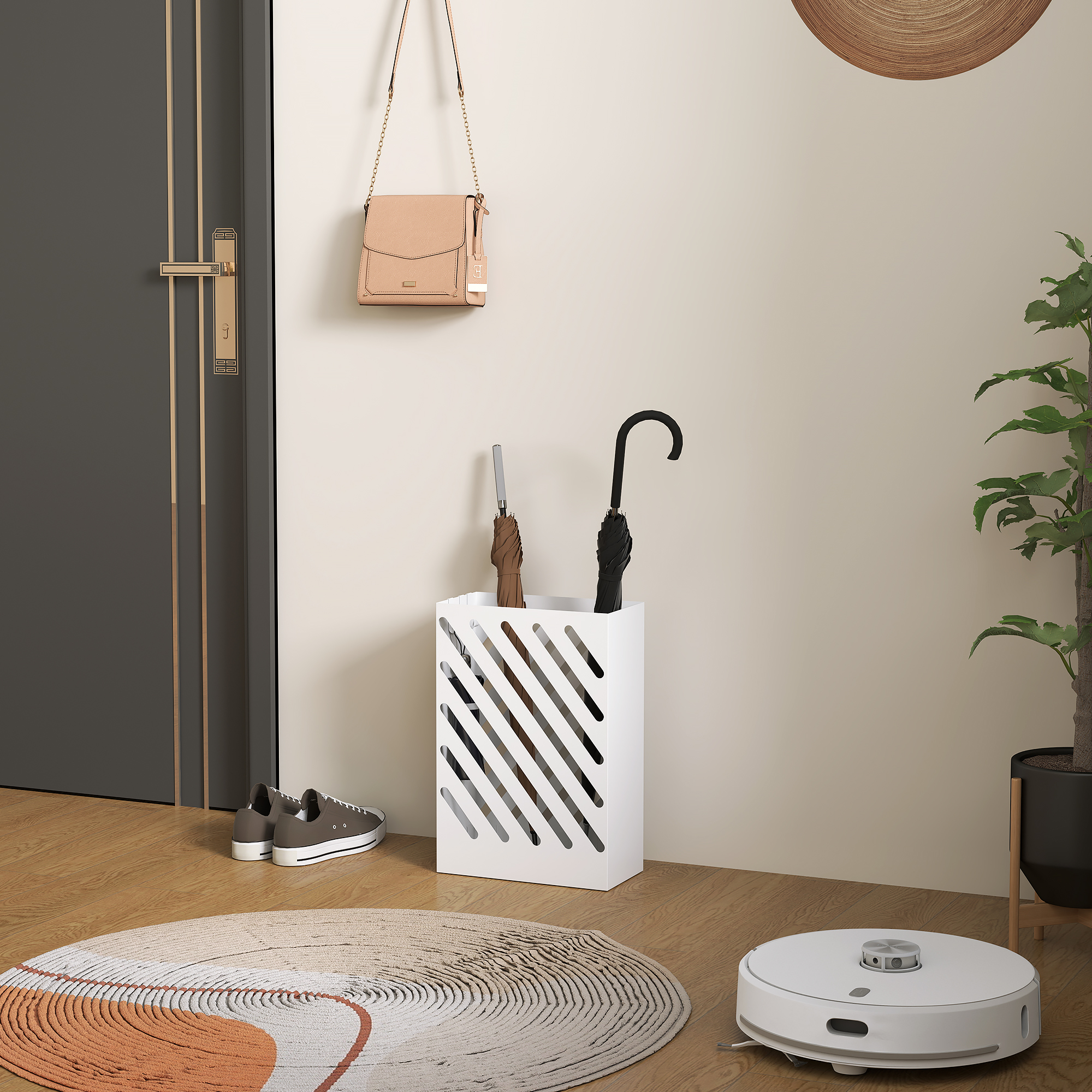 Homcom Portaombrelli di Design con Vaschetta Raccogli Gocce e 4 Ganci in Metallo, 28x14x41 cm, Bianco