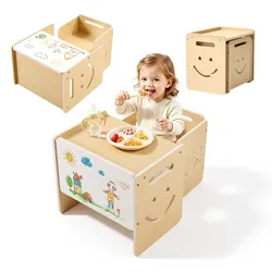 VEVOR Montessori-Tisch- & Stuhlset, Holz, Kindersitzgruppe für Kleinkinder von 1-5 Jahren, Tritthocker mit Whiteboard & 3-Fach Höhenverstellbar, zum Essen, Zeichnen, Lesen & Spielen