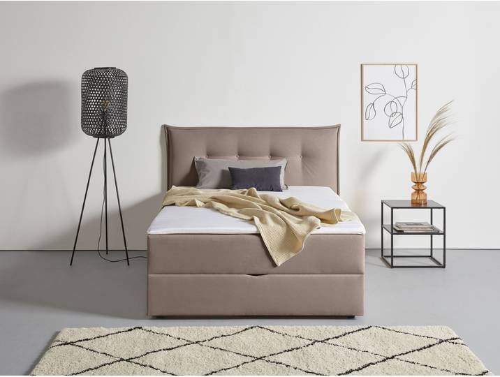 Boxspringbett, Strukturstoff, Grau (Taupe), 175×213 cm, Mit Bettkasten & Topper, Skandinavisch, andas