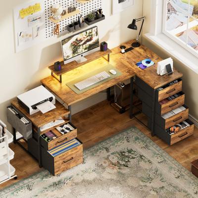 loviyhome Modern Farmhouse 71'' L Shaped Desk with File Drawers, Reversible Computer Desk with Power Outlets and Smart LED Lights
