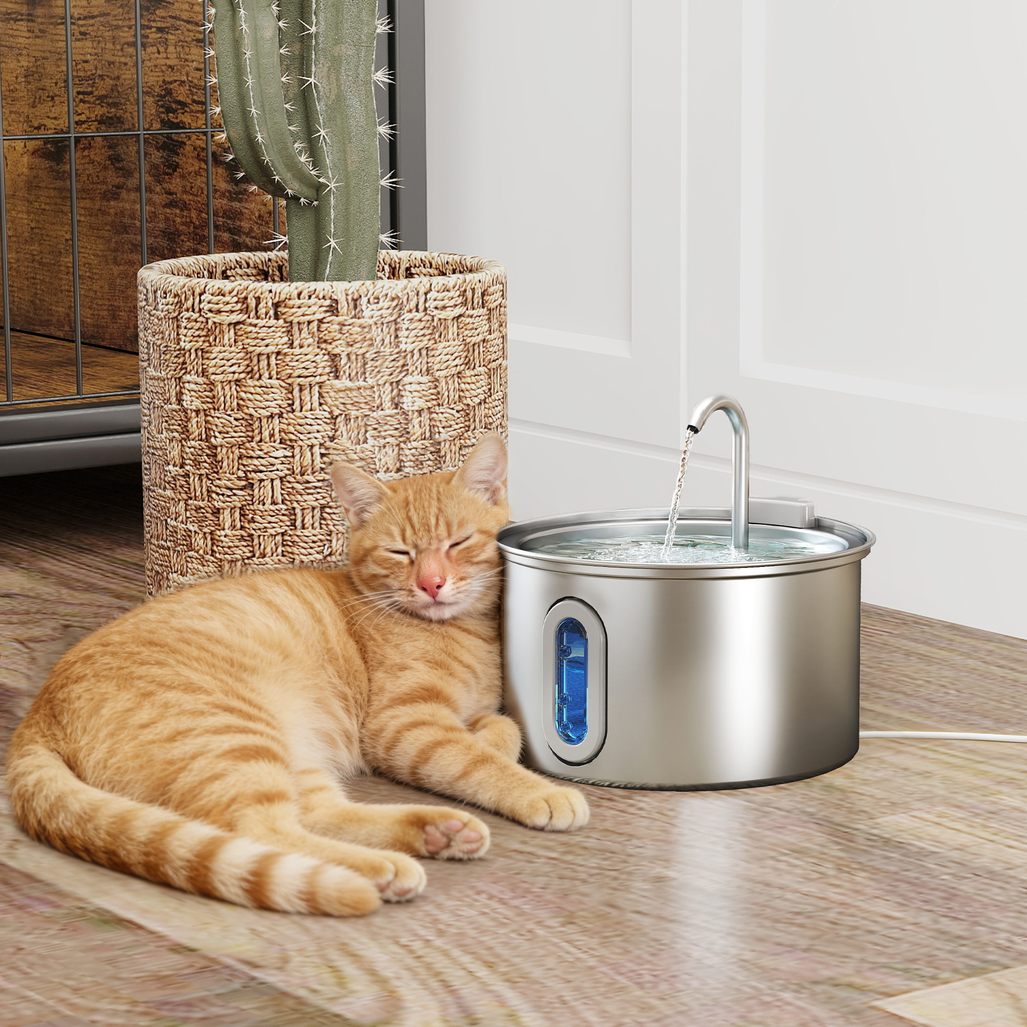 Pawhut Fontanella per Gatto 2.5L con Luce LED e 2 Modalità di Flusso, in Acciaio Inox, 19.4x19.4x18.7 cm, Argento   Aosom Italy