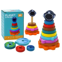 Pyramidensortierer Holzpyramidenpuzzle Planeten Weltraum 10 Teile.