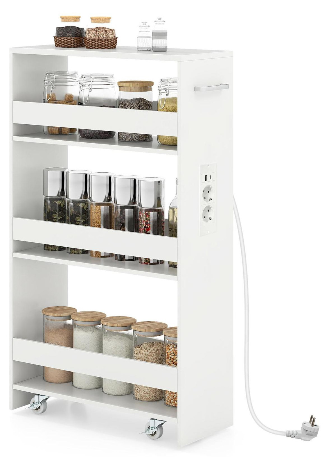Costway Smalle Keukentrolley met 4 Niveaus en Oplaadstation, Wit