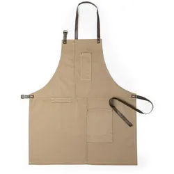Hochwertige Schürze mit vielen Taschen für verschiedene Utensilien, mit verstärkten Nähten. Braun