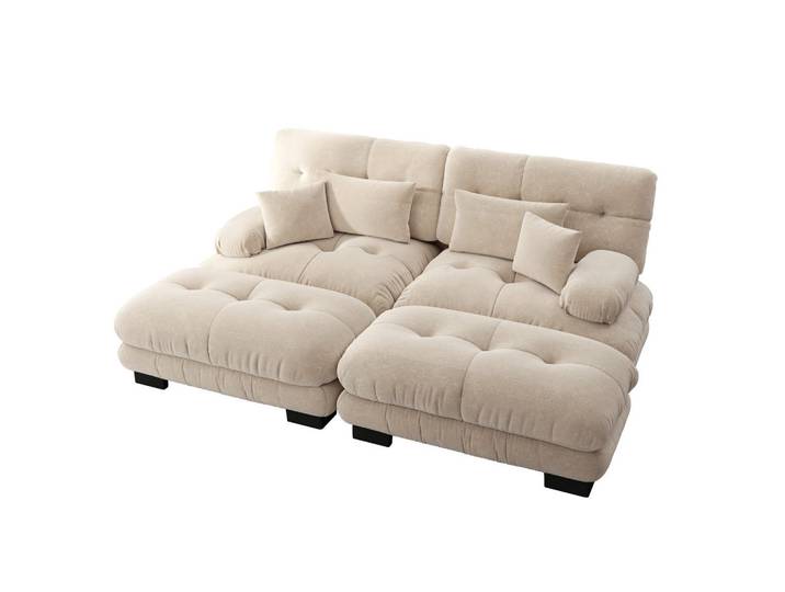 Wishdor 2-Sitzer Sofa Chenille Hellbraun mit 2 Ottomans, Rechteckig, 220x81x145 cm, Wohnzimmer, Sofas & Couches, Sofas, 2-Sitzer Sofas