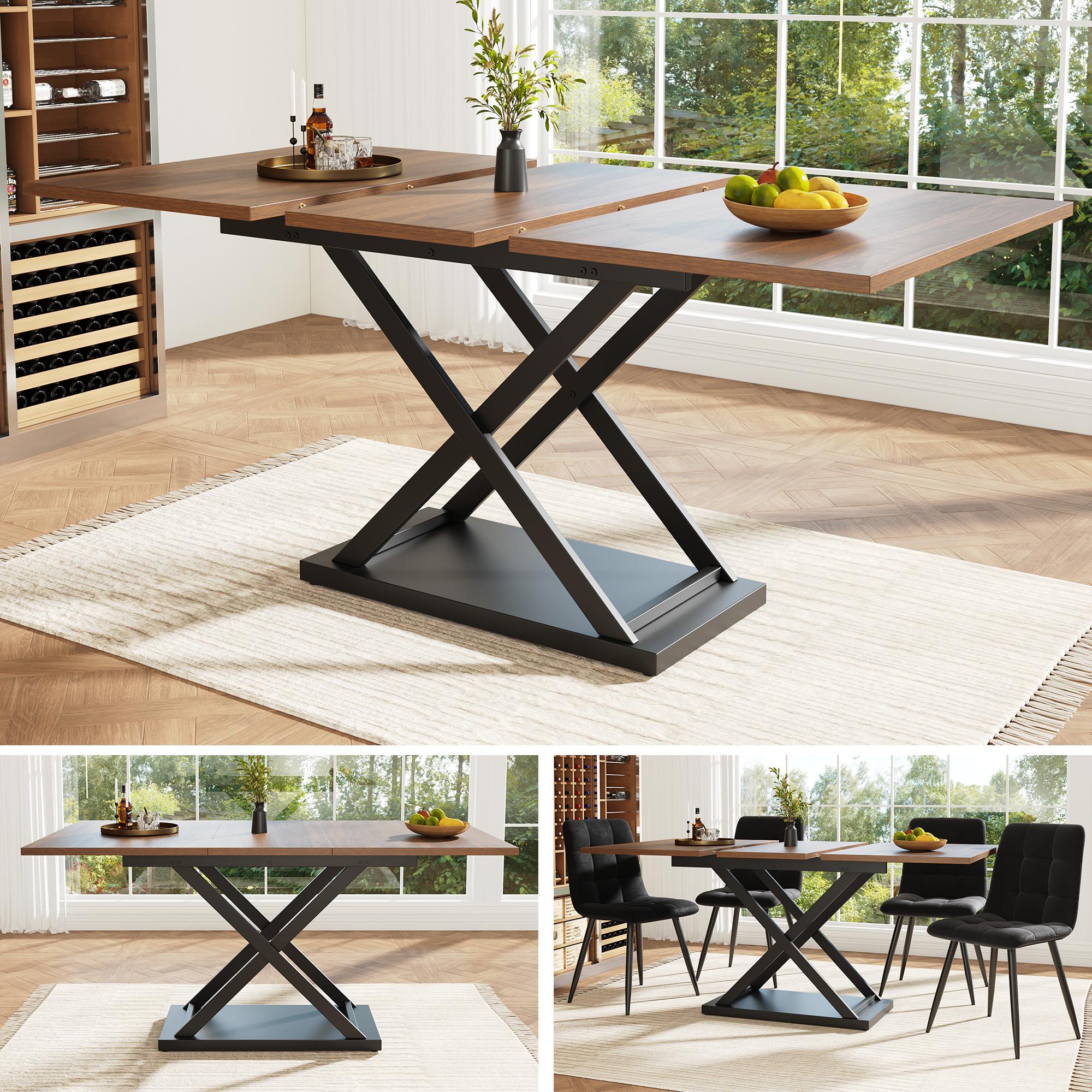Fortuna Lai Esstisch Teleskoptisch(120-160×80cm), Ausziehbarer Esstisch , platzsparender Küchentisch, Schwarz gekreuzte Eisenbeine,für Küche und Wohnzimmer, Walnussfarbener Esstisch