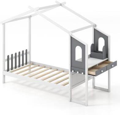 Costway Twin/Full Bed Frame with House Roof Canopy and Fence for Kids-Full Size
