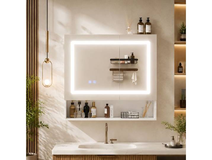 Armoire de salle de bains blanche avec miroir 80 × 17 × 70 cm déshumidification par simple pression sur un bouton éclairage LED
