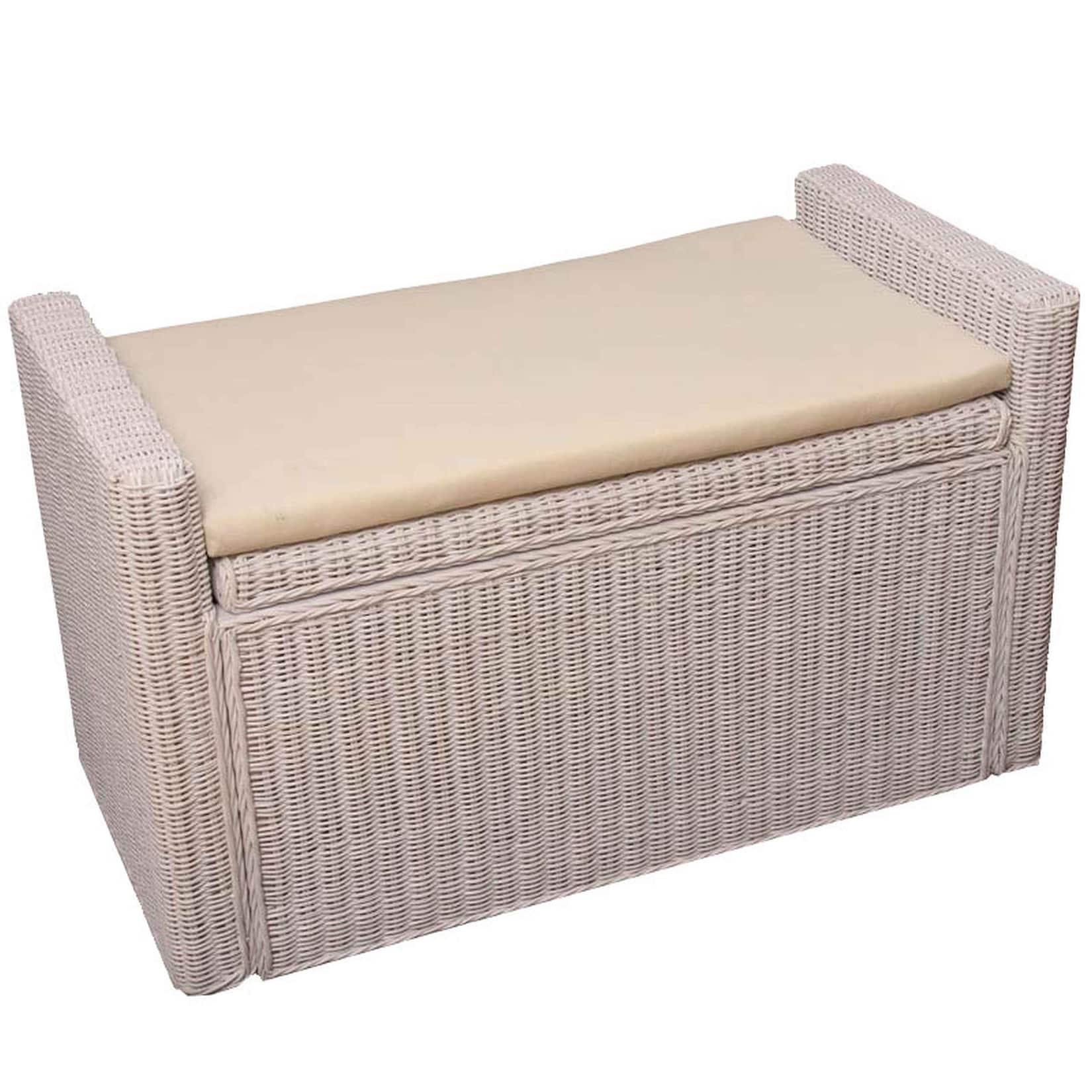 Sitzbank Genua Garderobenbank Bank Sitzhocker, mit Stauraum Kissen Kubu Rattan 88cm ~ weiß