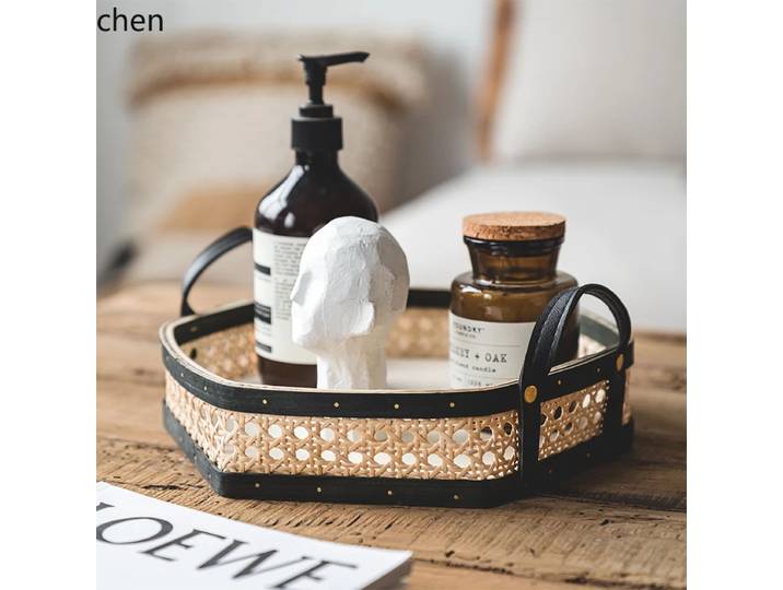 Plateau en rotin rétro L15 avec poignée en cuir, plateau rond pour parfum et aromathérapie, plateau à fruits, panier de rangement, ornement