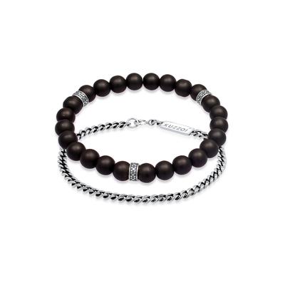 Armreif KUZZOI "Armband Herren Set Panzer Onyx Perlen 925 Silber" Gr. 230, schwarz, Armbänder, Herren, 230, Silber 925 (Sterlingsilber), Armreif