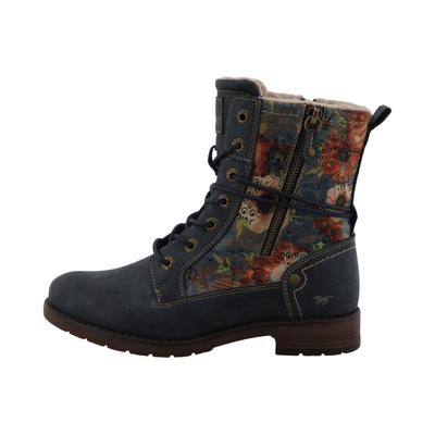 Schnürstiefelette MUSTANG SHOES "Stiefel", Damen, Gr. 37, wärmend, navy multi, Lederimitat, Textil, 23_1_Schuhe Schnürstiefelette, Blockabsatz, Schnürboots in blumigem Design
