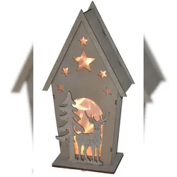 LED Deko-Holz-Häuschen mit Hirsch und Tanne Weihnachtsdeko Fensterdeko Tischdeko