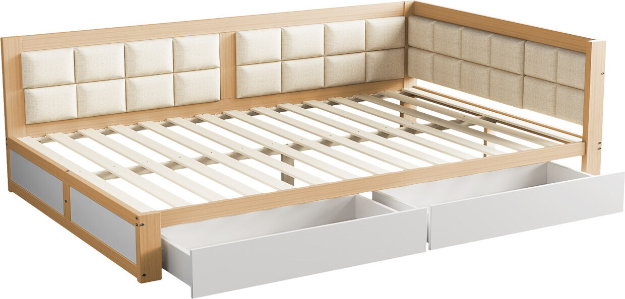 Sofabett,Holzbett(holzfarbe,140x200)Multifunktionsbett, weiche Rückenlehnenform, große Stauraumschubladen, Lattenrost, Einzelbett Kiefer