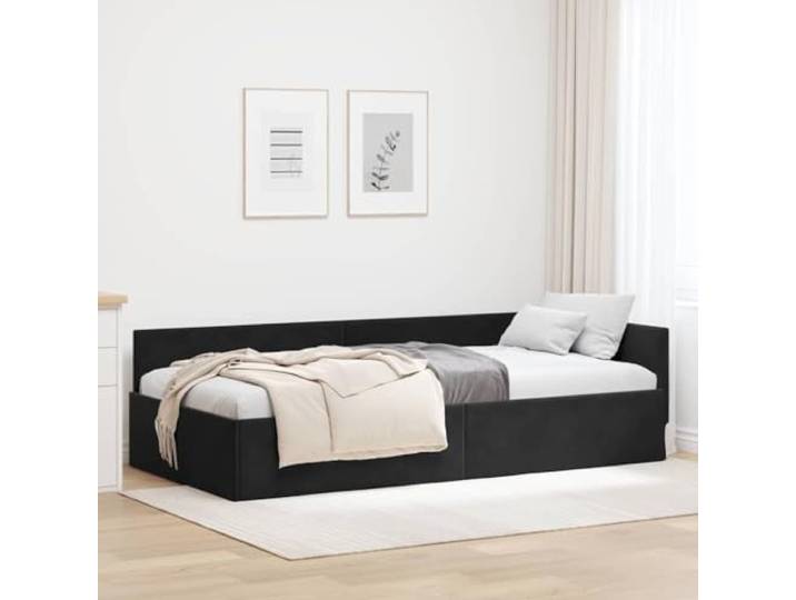 YUTAASU Samt Eckbettgestell mit Kopfteil Schwarz 90x200 cm L-Form Design, Lattenrost Inklusive, Sperrholz, Multifunktional, Sitz Und Schlafplatz