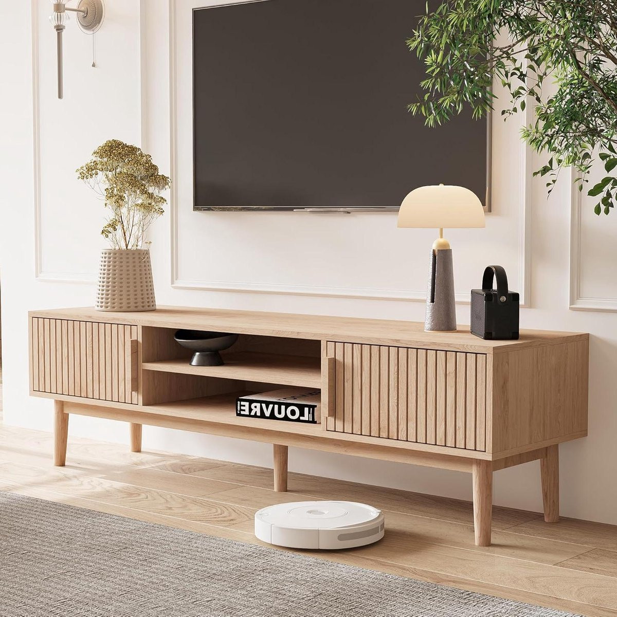Moderne houten TV-kast en dressoir in naturel eiken, Breedte: 150 cm