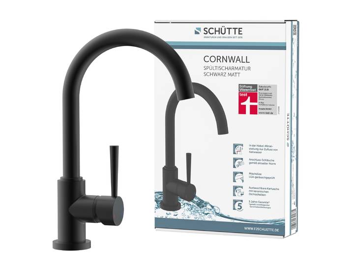 SCHÜTTE Küchenarmatur CORNWALL, Wasserhahn Küche mit Energiesparfunktion, Einhebelmischer 360° schwenkbarer Auslauf, Schwarz matt