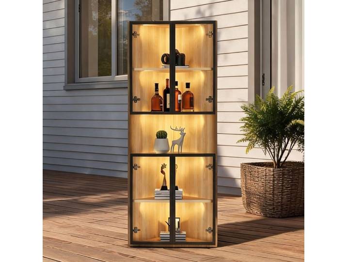 Meuble vitrine d'angle 62x32x160 cm en MDF finition chêne avec éclairage LED intégré