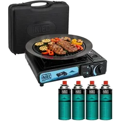 Gaskocher 2200W + Grillplatte Barbecue + 4 Gaskartuschen Camping Koffer INTEC