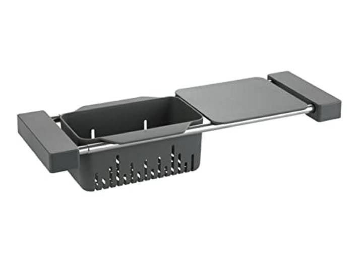 WENKO Organiseur évier\, Plateau évier 3en1 : Panier de Rangement\, Passoire et Planche à découper Extensible\, Acier INOX\, Cami