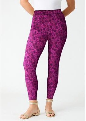 Plus Size Women's Plus Size Essential Stretch Ankle Length Pull-On Legging by Roaman's in Raspberry Dahlia Flowers (Size 6X) Activewear Workout Yoga