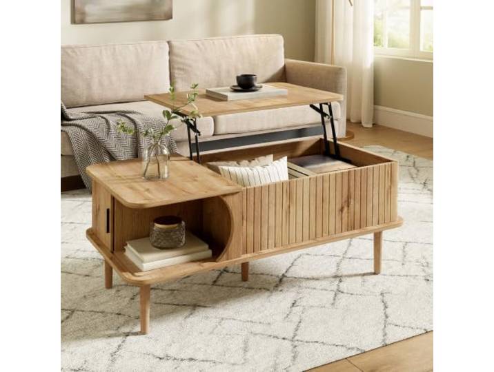 Merax Couchtisch Modern Retro 100x48x55,5 cm, mit höhenverstellbarer Tischplatte, verschiebbarer Tür, Holzbeinen – multifunktionaler Wohnzimmertisch mit Stauraum, Holzoptik