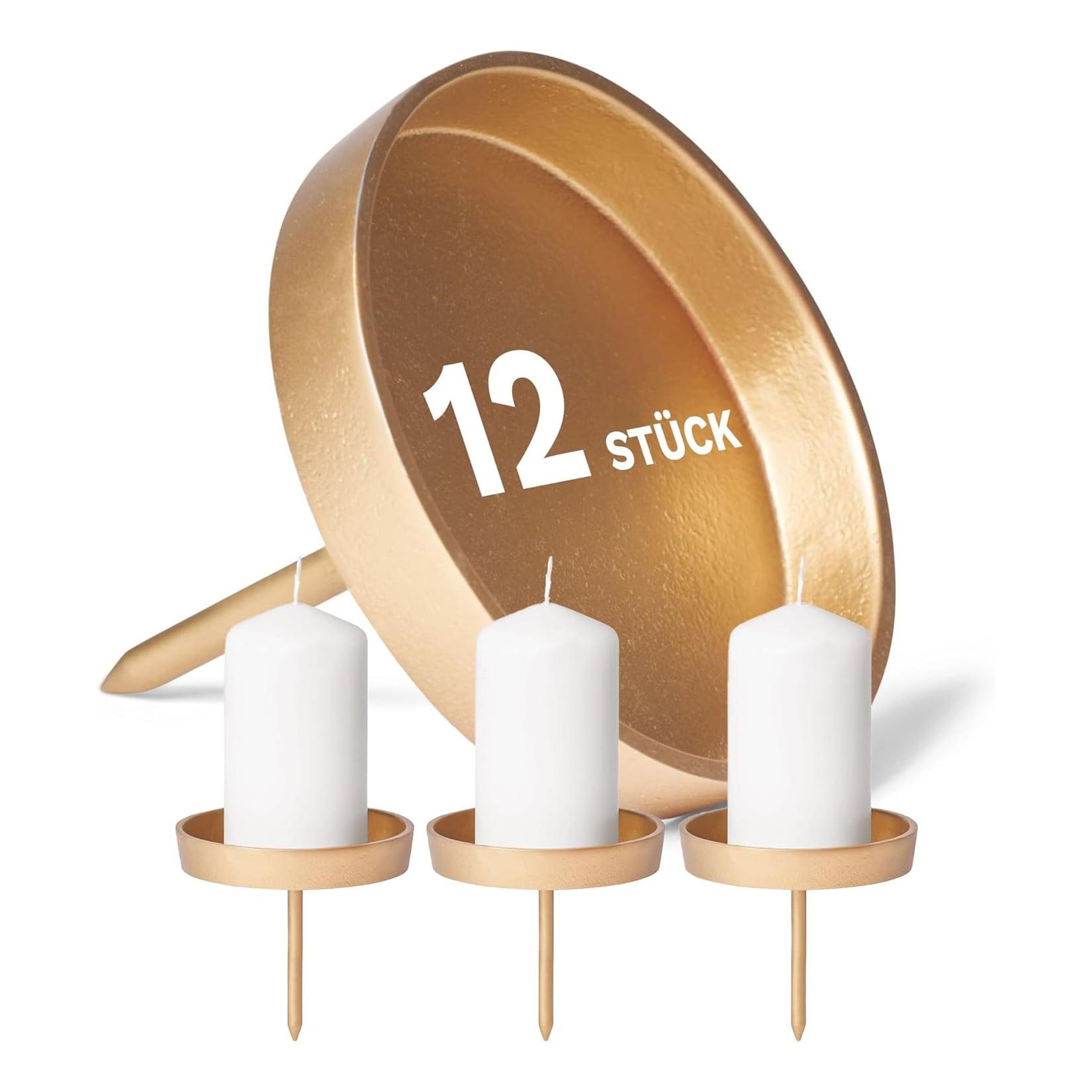 12x Kerzenpin flach ohne Dorn 8 ,5cm Gold Aluminium rund Kerzenpin Weihnachtskranz Kerzenständer Adventskranzdeko Kerzenpick Kerzentülle Metall rund AdventskranzKerzenteller
