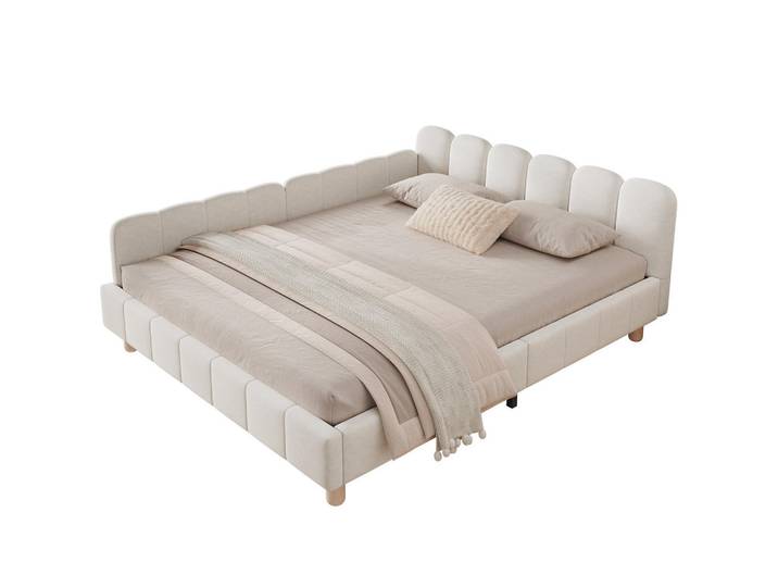 Modfu Polsterbett aus Samt 140x200 cm Beige mit ergonomischem Kopfteil, seitlichen Armlehnen und Taschen, 140x200 cm, Schlafzimmer, Betten, Polsterbetten