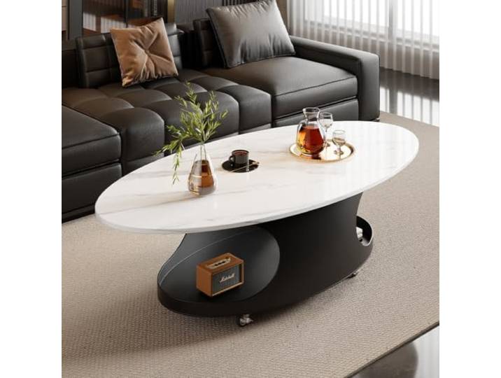 Moderner ovaler Couchtisch mit Rollen und Tischplatte aus Sinterstein Moderner Couchtisch aus Sinterstein mit Stauraum – Premium-Mittelpunkt für exklusive Lounges(B,120cm/47.2in)
