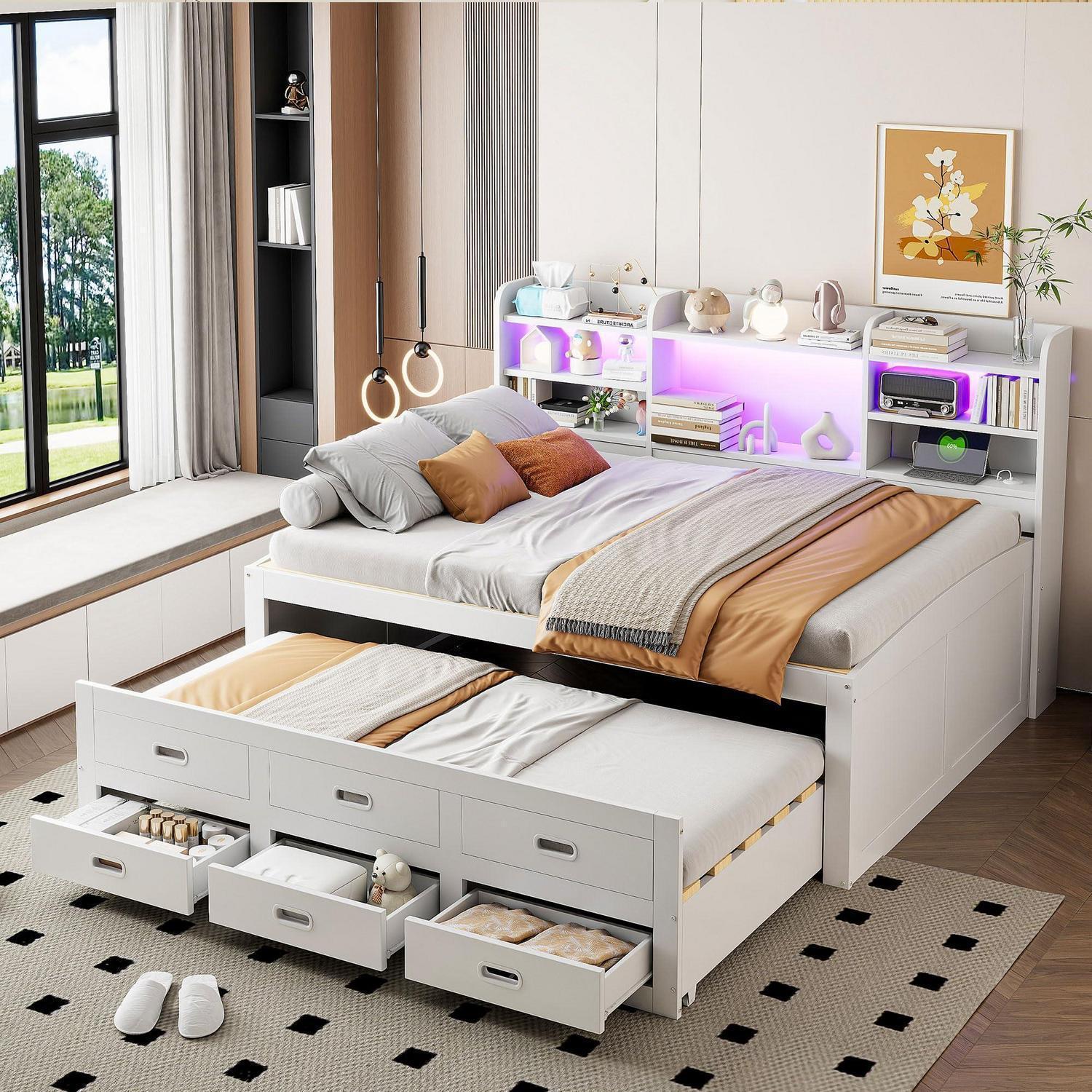 Schlafsofa Holzbett 140x200 mit Stauraum Schubladen und LED-Lichtleiste Weiß