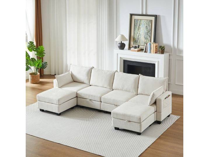 Canapé modulable 6 places convertible avec rangement Beige Maisentiel