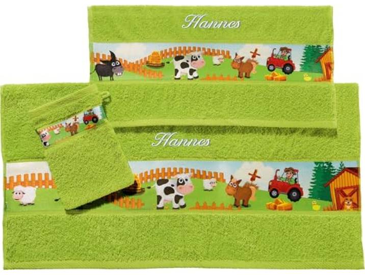 Erwin Müller Kinder-Handtuchset, Frottier-Set 3-TLG. Bauernhof mit Namen Bestickt saugstark grün Größe, 1 Handtuch, 1 Badetuch, 1 Waschhandschuh