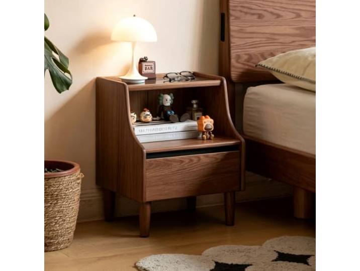 YESWOOD Walnuss Nachttisch Massivholz mit Schublade & Ablagefach,40X35X50CM 3 Tier Eiche Nachtschrank Beistelltische,Hochwertiges Klarglas für Schlafzimmer, Wohnzimmer, Balkon und mehr