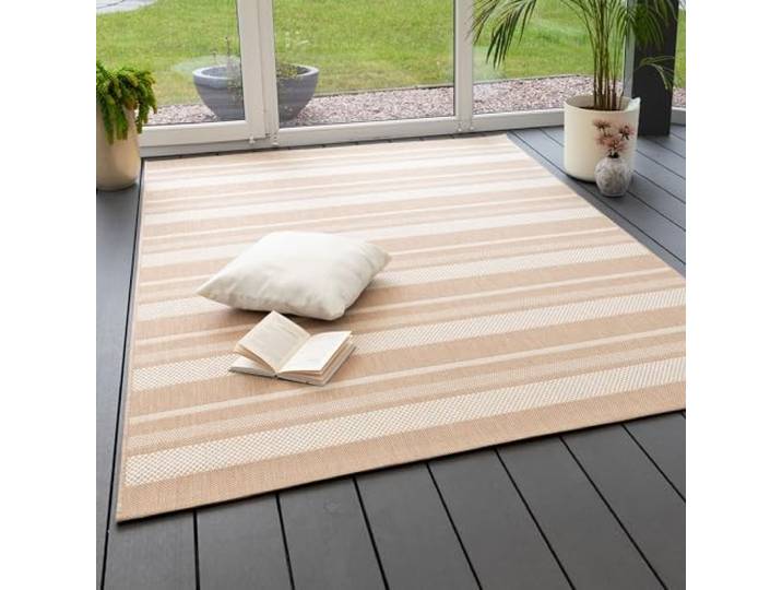 Steffensmeier In- und Outdoor Teppich Bergen Küche Balkon Garten Flur, wasserfest, Kunststoff, Streifen Beige, Größe: 200x290 cm