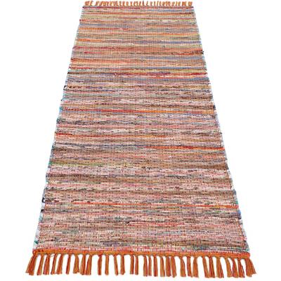 Teppich CARPETFINE "Kelim Chindi, Wendeteppich", orange, B:80cm H:6mm L:350cm, Baumwolle, Polyester, Teppiche, Teppich, handgewebt, Fleckerlteppich mit Fransen, auch vielen in Läufergrößen