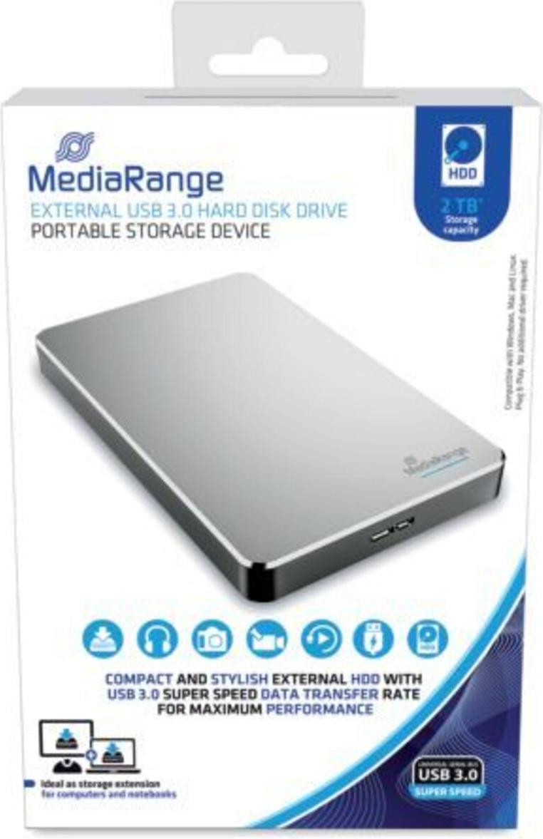 MediaRange MR997 externe USB 3.0 harde schijf, 2 TB, zilver