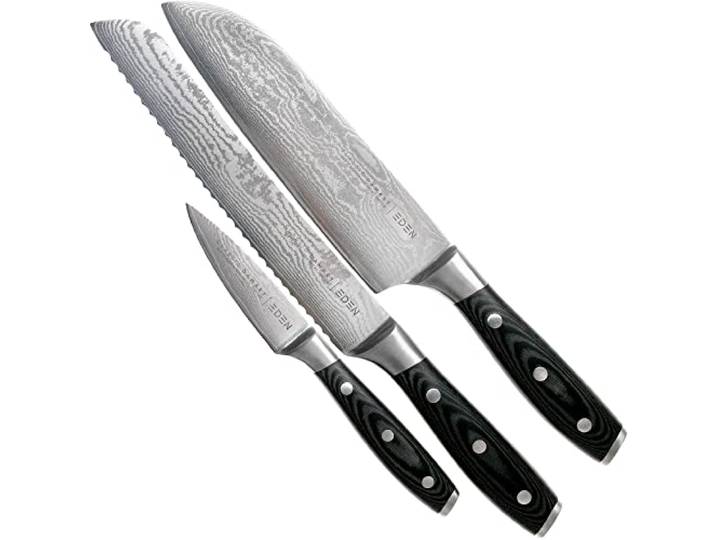 Eden Classic Damast 3-teiliges Messerset EQ2030-S07 Messerset inklusive Santoku, Officemesser und Brotmesser, Damaststahl