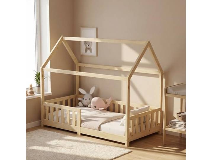 ecomi® Kinderbett 80x160 Bodenbett Kinder Bett Hausbett mit Rausfallschutz und Lattenrost für Kinder Kinderbetten für Mädchen und Jungen Massivholz Kiefer in Natur