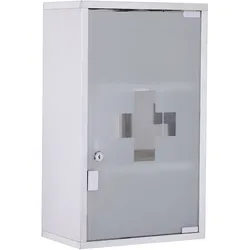 OKWISH Medizinschrank Edelstahl mit Schloss Silber 50x30x18 cm mit satiniertem Sicherheitsglas Tip On Tür und gekennzeichnetem Erste Hilfe Kreuz