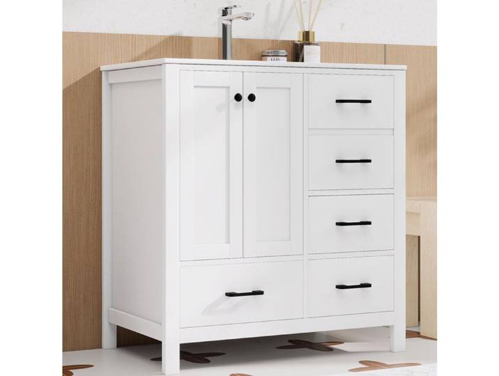 ROVRYN Meuble sous vasque sur pied 76 cm avec vasque en céramique 4 tiroirs blanc